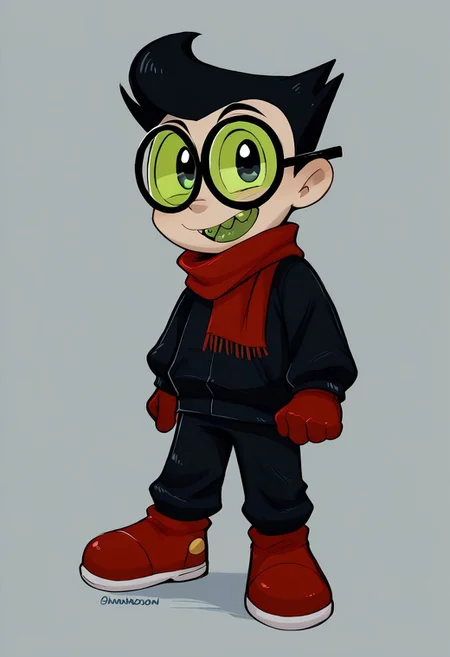 score_9, score_8_up, score_7_up, CuteCartoonStyle, highly detailed, cute boy, 1boy, solo, teasing, seductive smile, NergalJR, Black Hair, Green Tinted Glasses , Red Scarf, Red Gloves, Black Jacket, Black Pants, Sharp Teeth, Green Tongue, CuteCartoonStyle
full body, full body shot