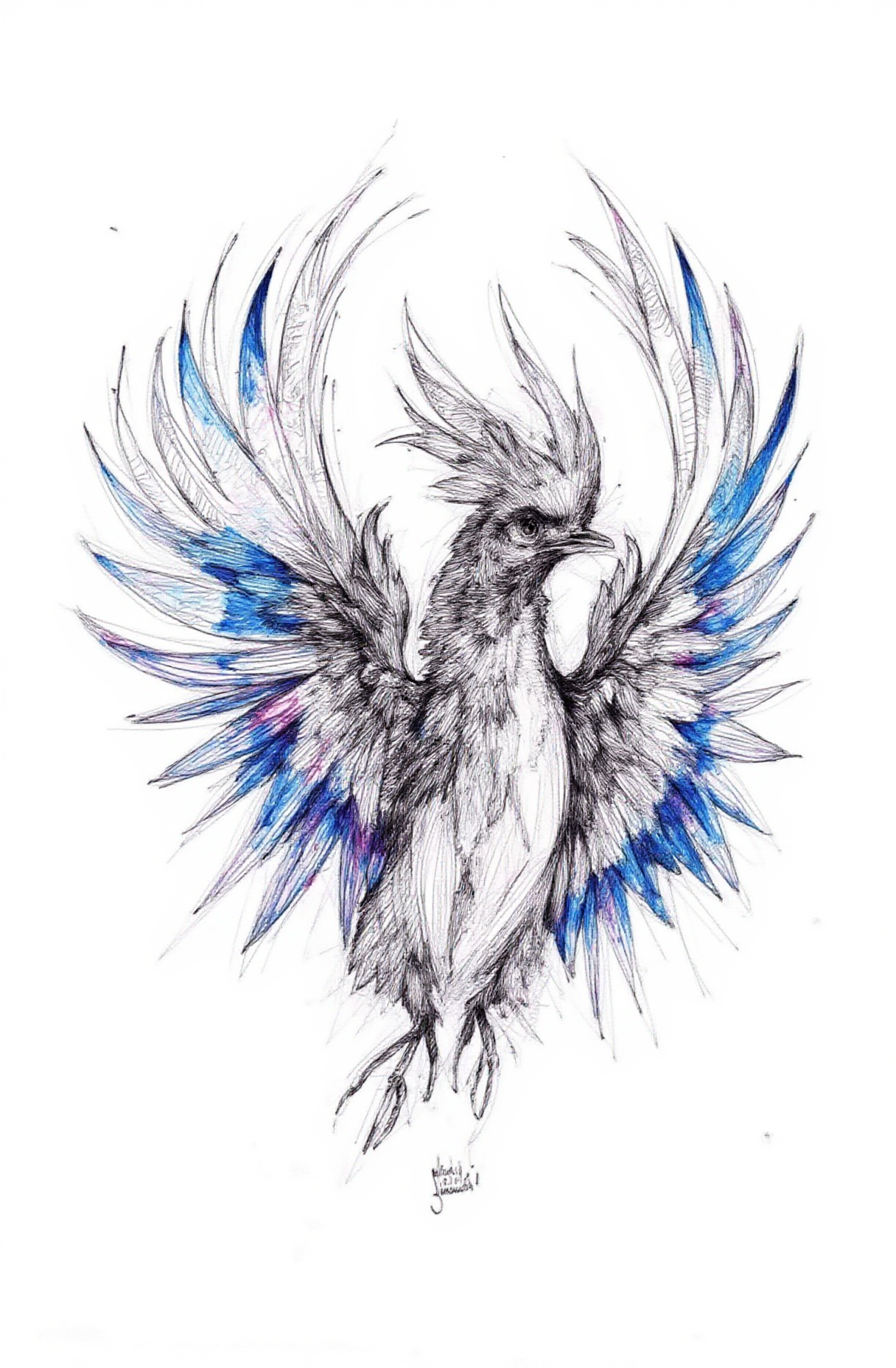 Sharp image of a rough sketch, rendered in vibrant multi colour ballpoint pen, capturing the adorable features of a black and white illustration of a bird's head. The bird appears to be a phoenix, with its wings spread wide and its head turned to the side. The wings are intricately detailed with sharp lines and curves, creating a sense of power and strength. The head of the bird is in the center of the image, with the eyes and nose clearly visible. The background is plain white, making the bird stand out. The overall style of the illustration is bold and striking.  p3nsk, <lora:p3nsk:1>