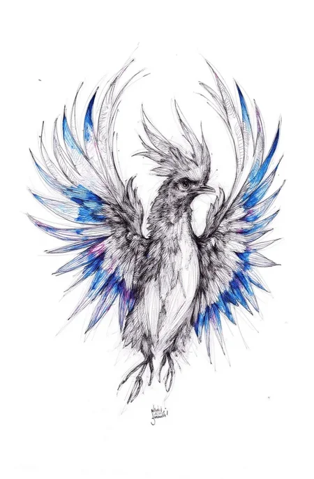 Sharp image of a rough sketch, rendered in vibrant multi colour ballpoint pen, capturing the adorable features of a black and white illustration of a bird's head. The bird appears to be a phoenix, with its wings spread wide and its head turned to the side. The wings are intricately detailed with sharp lines and curves, creating a sense of power and strength. The head of the bird is in the center of the image, with the eyes and nose clearly visible. The background is plain white, making the bird stand out. The overall style of the illustration is bold and striking.  p3nsk, <lora:p3nsk:1>