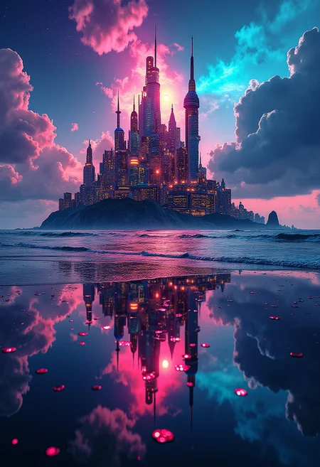 an alien city, reflected in the ocean surrounding it, masterpiece, neon splash art, vibrant surreal colours