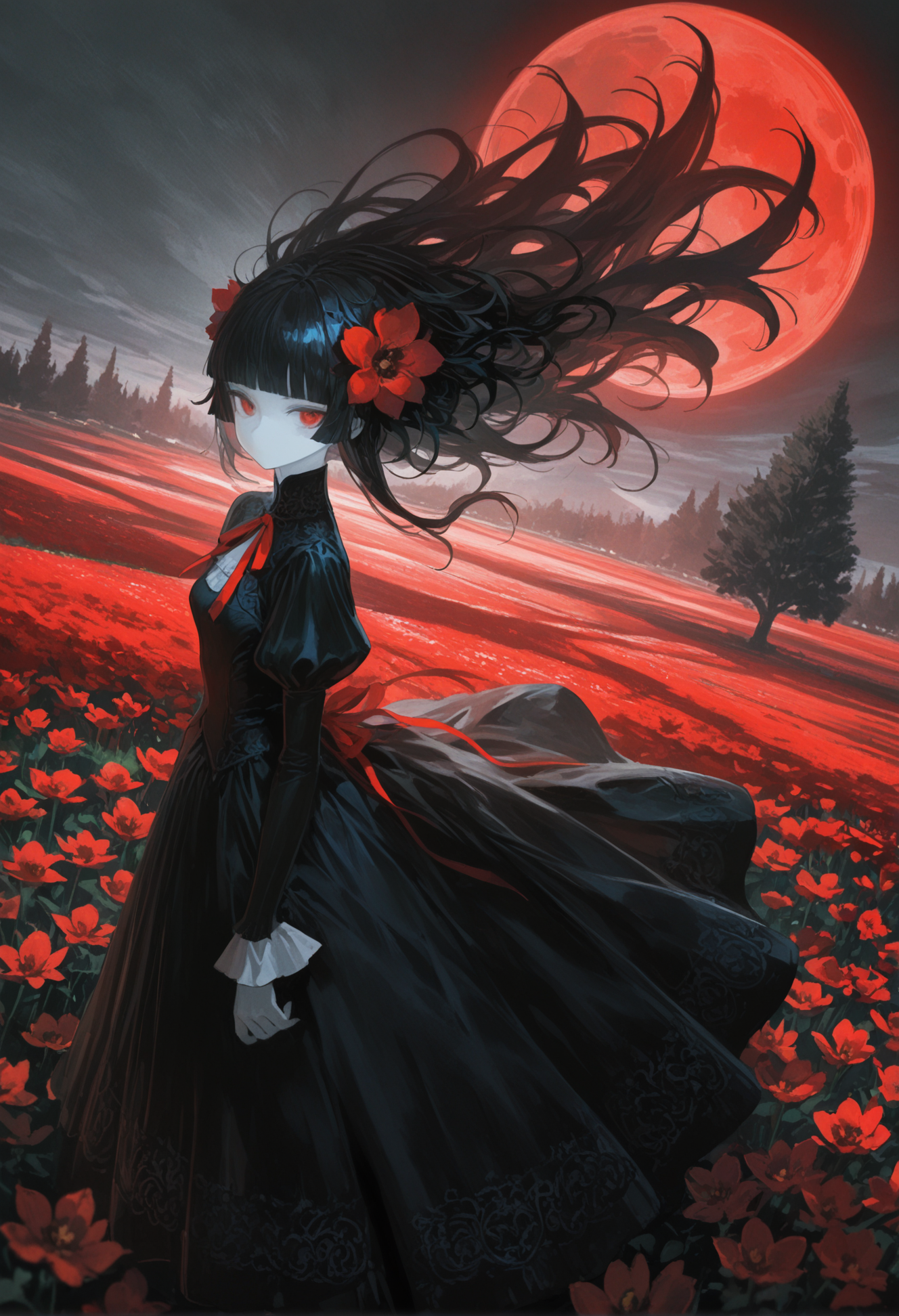 masterpiece, best quality, newest, highres, absurdres,focused subject,no lineart, no outline, detailed, 1girl, solo, long hair, looking at viewer, black hair, long sleeves, hair ornament, red eyes, dress, ribbon, flower, puffy sleeves, blunt bangs, hair flower, black dress, tree, floating hair, colored skin, moon, red flower, juliet sleeves, white skin, long dress, field, no mouth, red moon, art deco, fine art,painterly,dynamic angle,perspective,blurry foreground, scenery