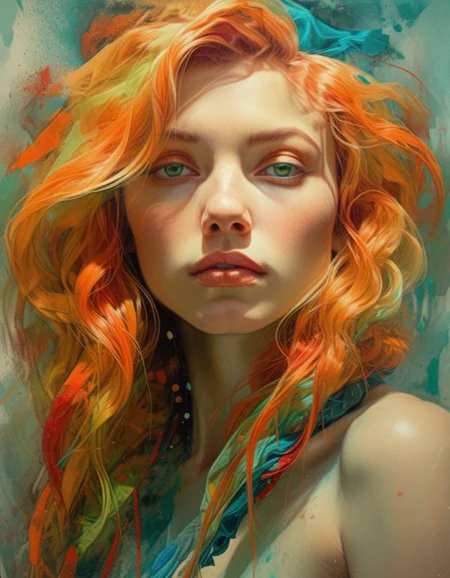 Portrait by DorotaPietrowiak, woman with light skin and flowing, colorful hair. Her hair is a mix of orange, red, blue, and teal, blending seamlessly into her face and shoulders. She has striking green eyes and full lips, with a serene, contemplative expression. The background is abstract, featuring vibrant splashes of color that complement her hair. The style is impressionistic, with loose brushstrokes and a focus on texture and movement. The image evokes a sense of ethereal beauty and fluidity..<lora:Dorota_SDXL_Test:1.2>