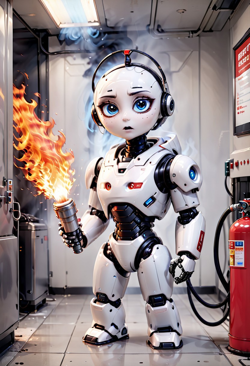 generation of ultra high quality photo with high resolution and sharp focus on theme ((burning servers)) of AI and the little robot civitay extinguishes with a fire extinguisher and a caption above the robot's head help i'm fried comic book style