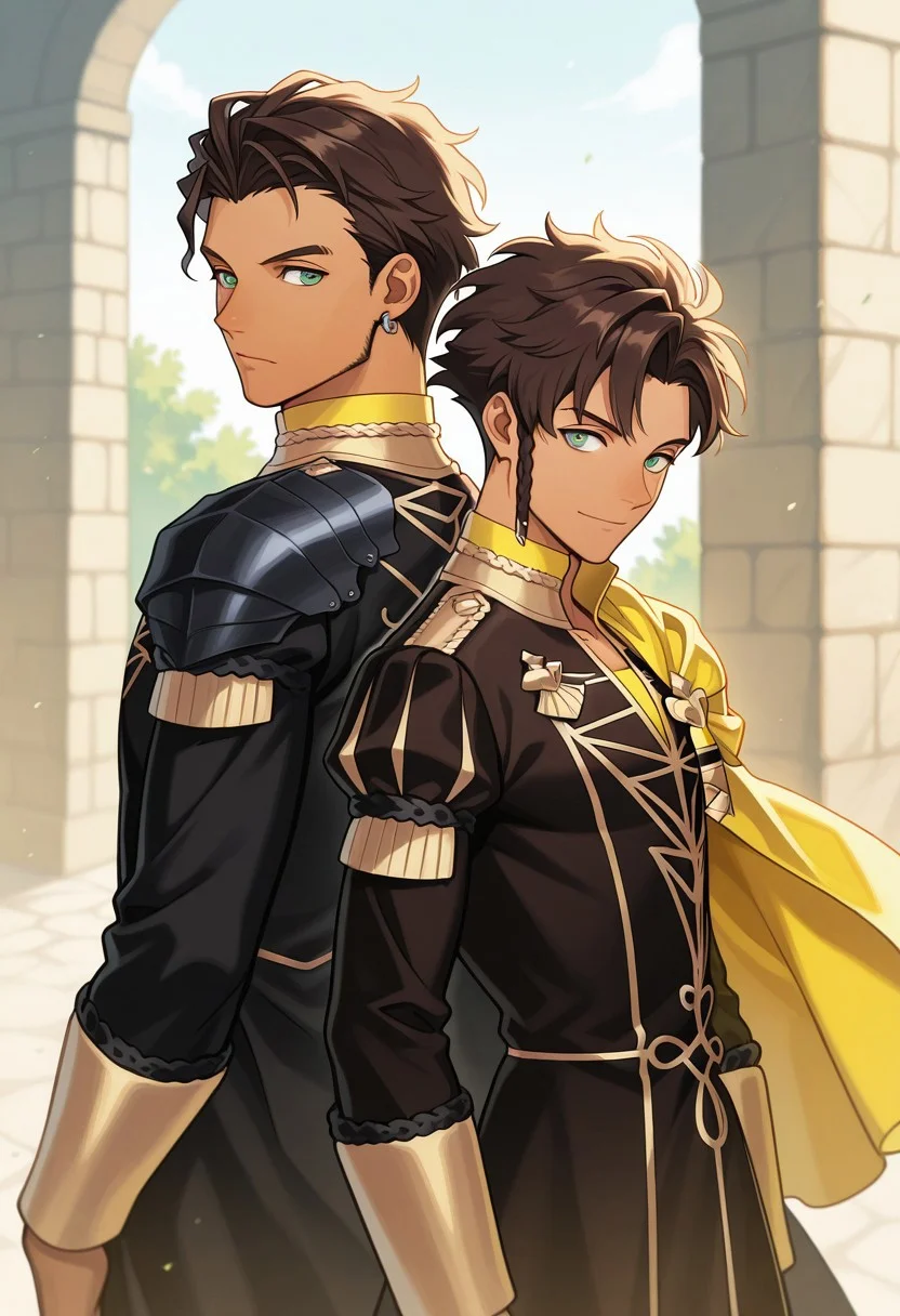 masterpiece,best quality,amazing quality, source_anime, 2boys, back to back,
ClaudeVonRiegan, 1boy, male focus, green eyes, brown hair, dark-skinned male, side braid, jewelry, earrings, garreg mach monastery uniform, shirt, yellow shirt, coat, black coat, high collar, epaulettes, side cape, yellow cape, smile, BREAK
1boy, male focus, green eyes, brown hair, dark-skinned male, jewelry, earrings, aged up, facial hair, single shoulder armor, cape, yellow cape, jacket, brown jacket, serious BREAK
outdoor,