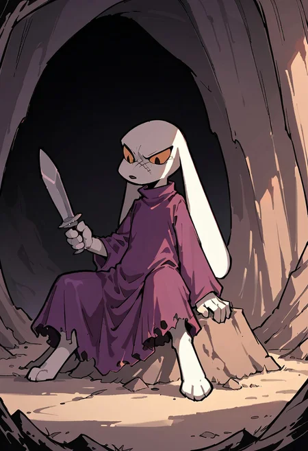 score_9,score_8_up,score_7_up, cave, shadow, lighting, king, purple dress, long ears, holding a sword, sitting on top of a destroyed robot with chucks of its pieces on the ground, cave, looking down