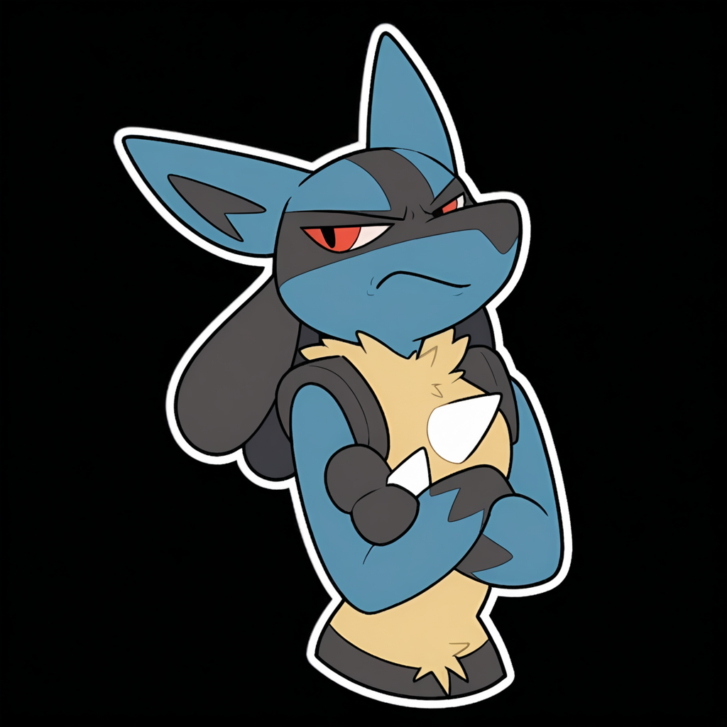 <lora:NowAndLater_Telegram_Sticker_Style_NAI-XL:1> NALTS, sticker, ((black background)), male, solo, anthro, furry, Lucario, arms crossed, white sclera, annoyed expression, best quality, masterpiece