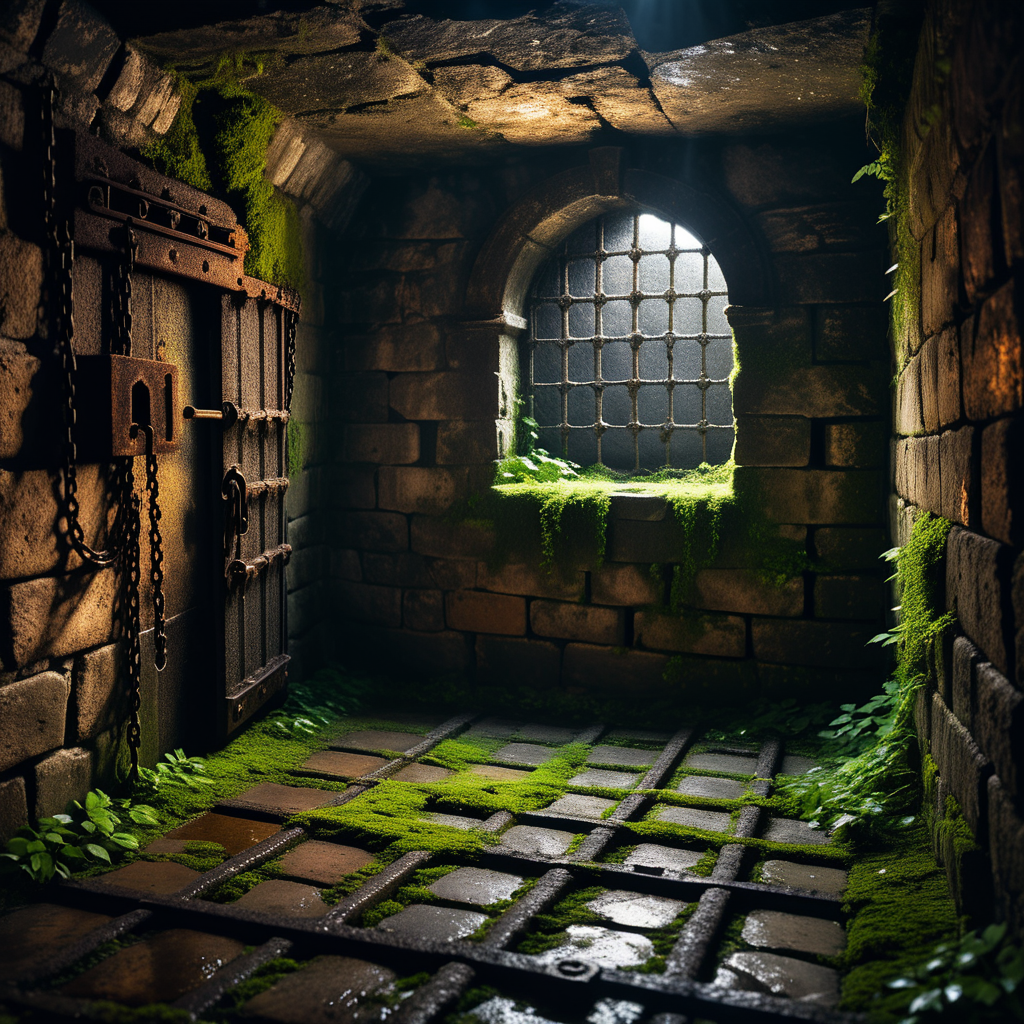 A dark and grim medieval castle dungeon, designed for imprisoning captives. The walls are made of aged, damp stone bricks, cracked and worn with time, with patches of moss and moisture seeping through. The small, claustrophobic space is lit by a single flickering torch mounted on the wall, casting long, eerie shadows across the room. Rusted iron bars form a heavy prison door with a corroded lock and hinges, partially ajar or firmly shut. The floor is rough, uneven stone, covered in dirt and faint stains, hinting at years of suffering. Chains hang loosely from rusted hooks embedded in the walls, their metal corroded and worn. In one corner, a small, grated window lets in a thin sliver of cold, pale light, emphasizing the dungeon's oppressive and hopeless atmosphere. The air feels damp, stale, and heavy with silence, evoking a chilling sense of isolation and despair.
<lora:SDXLFaeTastic2400:0.4> <lora:extremely_detailed:0.4> extremely detailed, Masterpiece,best quality,hi res,8k,hi res,8k,award winning,(sharp focus, intricate, highly detailed),