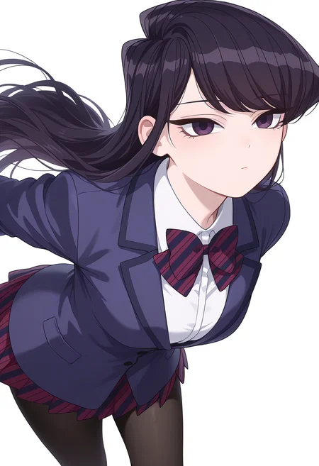 Smooth Quality,masterpiece,very intricate, high quality details, ultra realistic, high detailed skin,detailed enviorement,
simple background, white background,
dynamic angle,\n/,xd,expressionless,
<lora:Komi_Shouko_cnn:0.8>
komi shouko, 1girl,black hair, long hair, bangs, purple eyes,
school uniform, white shirt,striped bowtie,striped skirt, pleated skirt, jacket,black pantyhose,