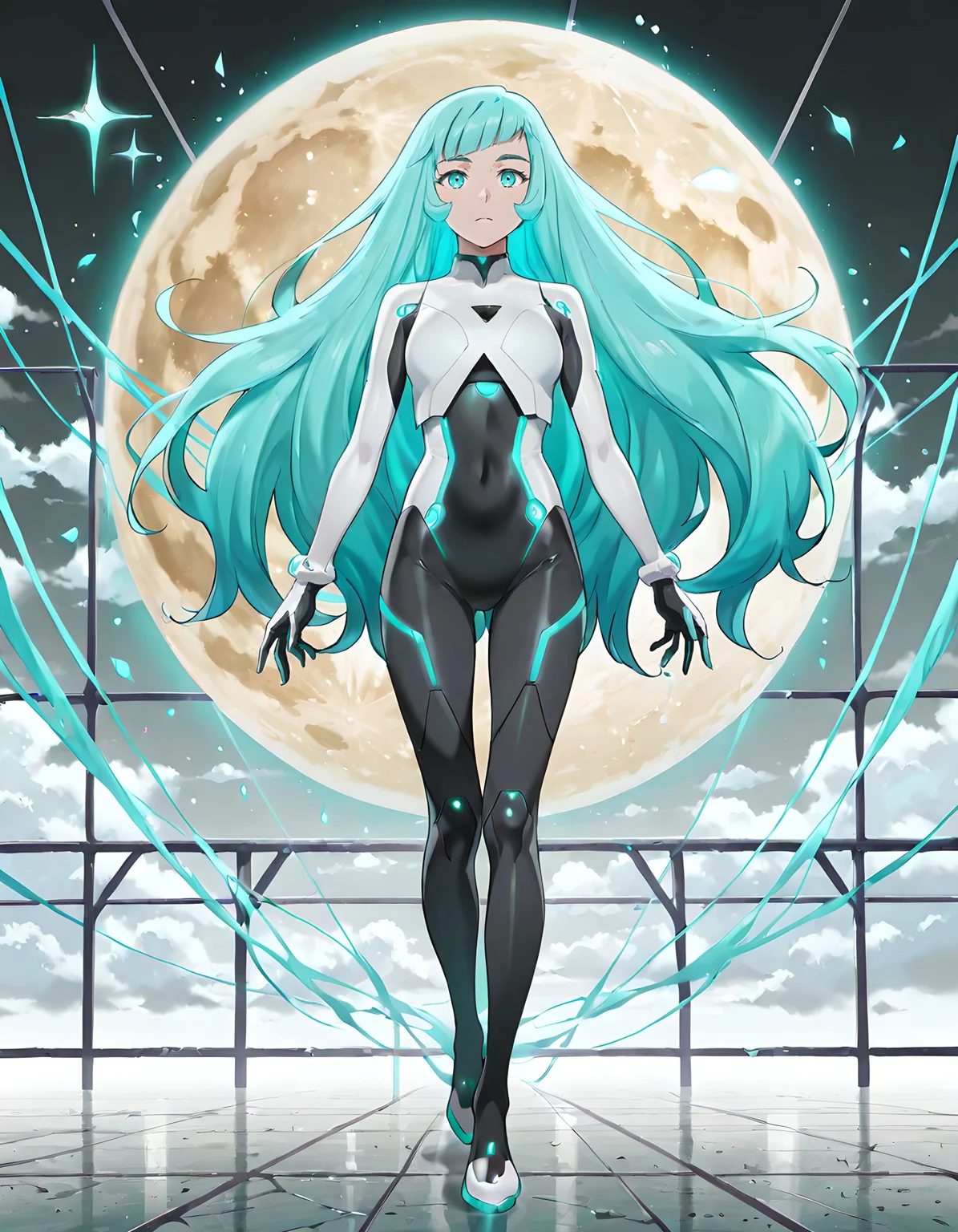 ((Masterpiece, Ultra Detail, Best Quality, Fullbody View, Solo))
Digital World Background
<lora:Mist_Pantheon:1> M1st, 1girl, aqua eyes, aqua hair, long hair, bangs