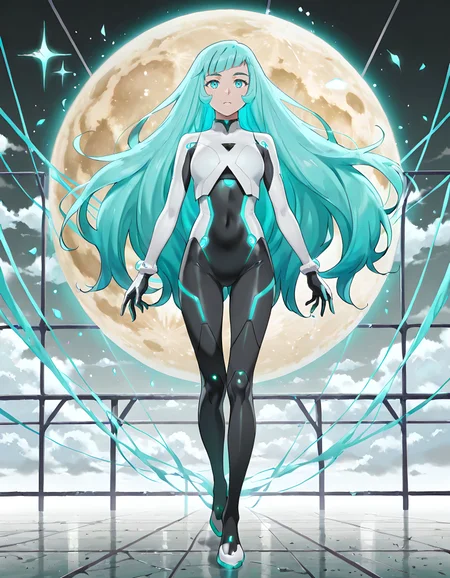 ((Masterpiece, Ultra Detail, Best Quality, Fullbody View, Solo)) 
Digital World Background 
<lora:Mist_Pantheon:1> M1st, 1girl, aqua eyes, aqua hair, long hair, bangs
