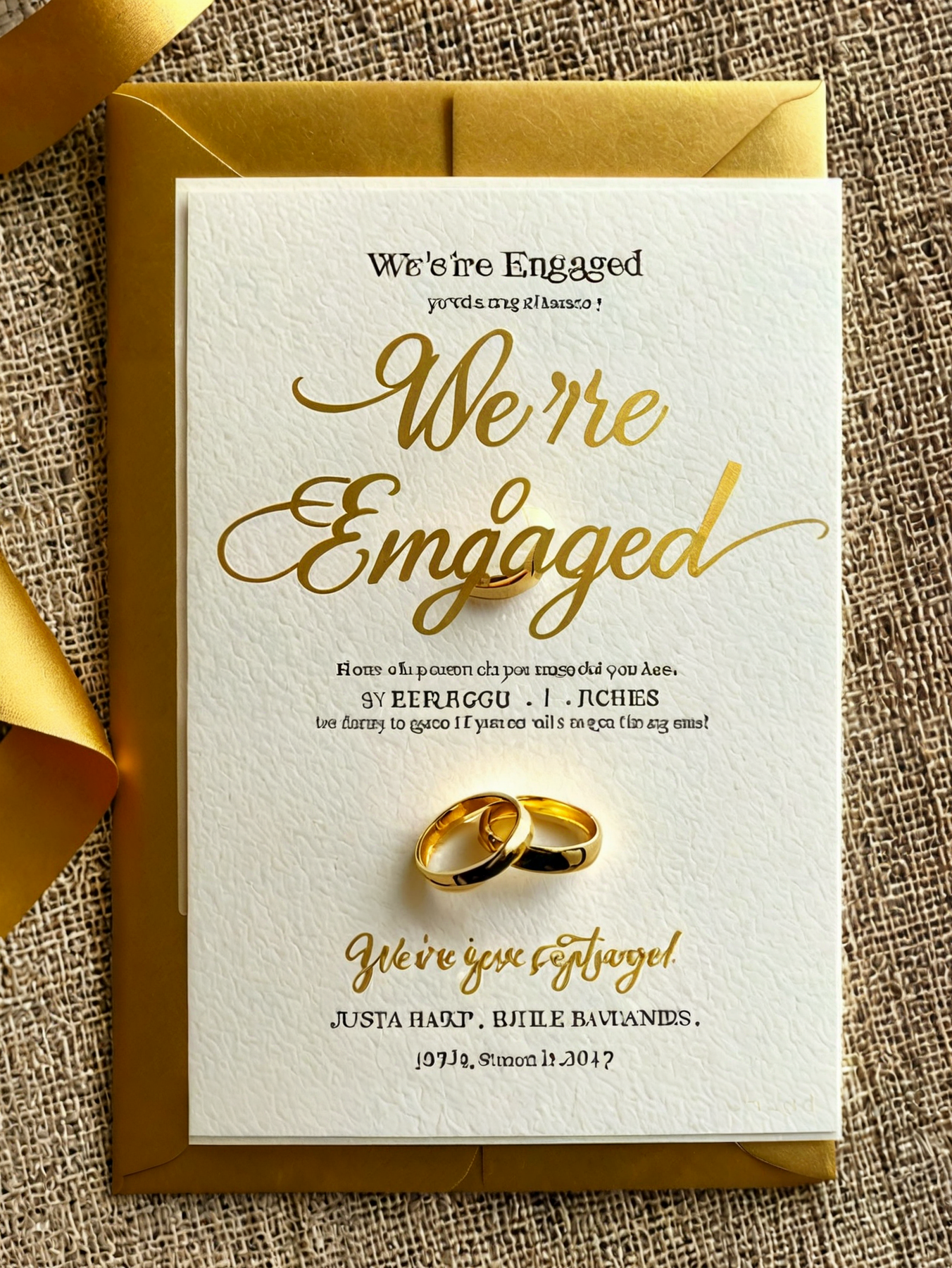 Invitation. Gold writing. "We're engaged!"
