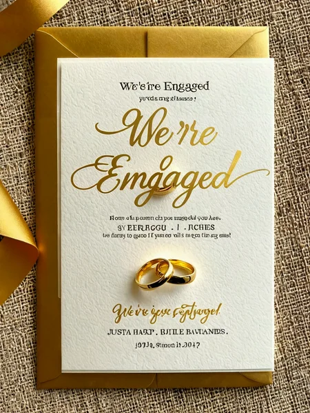 Invitation. Gold writing. "We're engaged!"