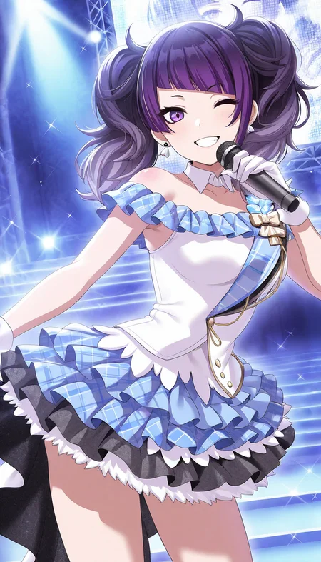score_9, score_8_up, score_7_up, score_6_up, score_5_up, score_4_up, source_anime, BREAK,
A professional, high-quality, hyper-realistic portrait of a woman. The image features ultra-detailed eyes, realistic skin texture, intricate facial features, and cinematic lighting. Shot in low light with a Nikon Z7 II and a NIKKOR Z 50mm f/1.8 lens, showcasing shallow depth of field (bokeh) and RAW photography quality. Masterpiece-level, sharp and photorealistic, fine art photography style, hentai, Japanese pornography,  cowboy shot, mamimi: ultra-detailed eyes, sfw, idol stage, blue sky,  in day, idol on stage, on stage, idol festival stage, outdoor, pen light, shiny, 1girl, hand mic,  left hand: holding mic and near waist, thick waist, leaning forward, 
mamimi, mamimi: purple hair, body blush, mamimi: proud, wink, grin and half open mouth, no teeth, open teeth, 
clothes: fesaaa, right hand: I love you in American sign language,  right hand forward,
uncensored, masterpiece, good quality, best quality, High resolution<lora:shanimas.il:1>