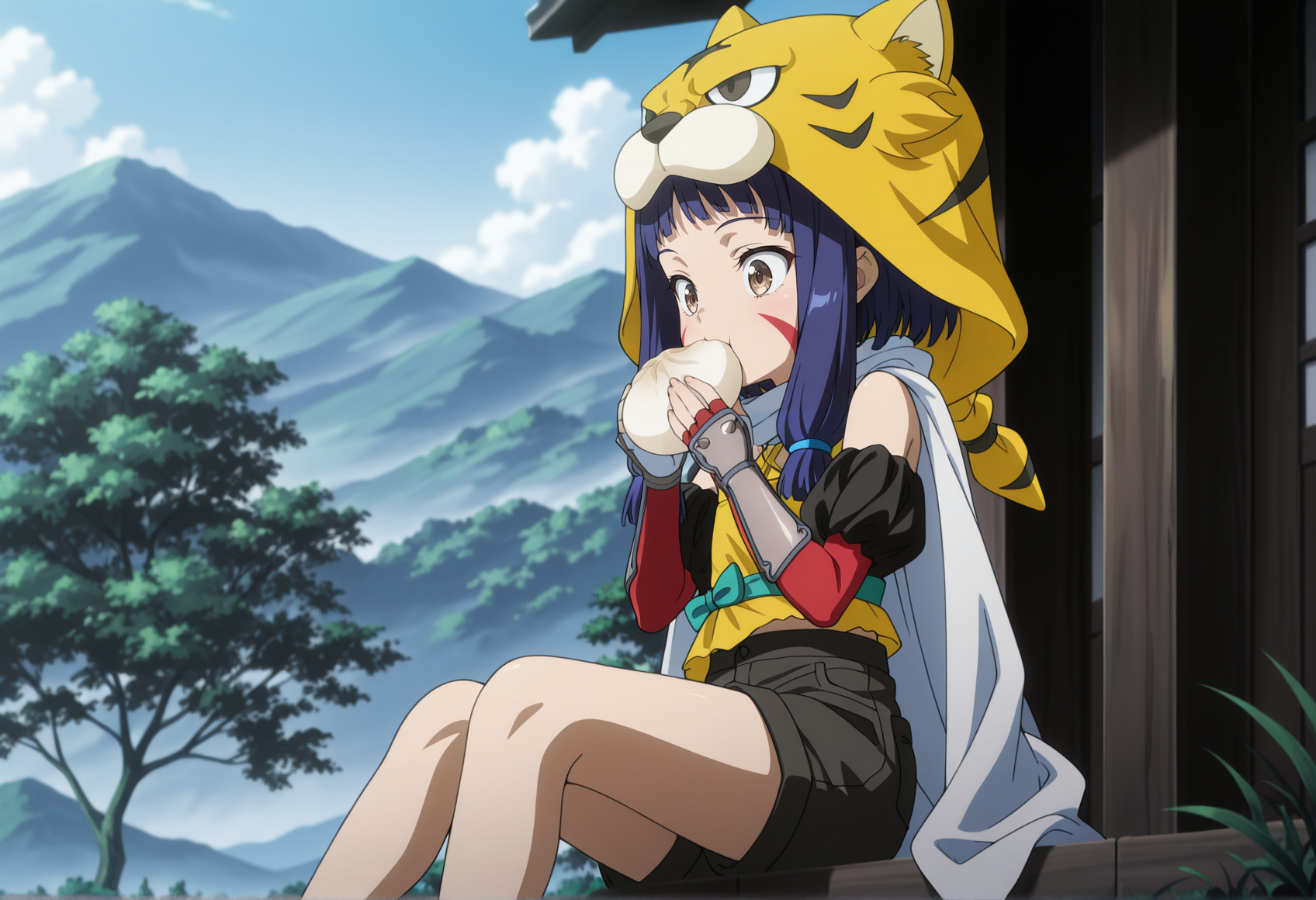 anime screenshot, anime coloring, sitting, outdoors, eating, holding baozi, 1girl, brown eyes, blue hair, medium hair, sidelocks, facepaint, animal hood, cape, bare shoulders, ribbon, detached sleeves, gauntlets, shorts, o  <lora:inuchiyou_nobuna_illus:1>, masterpiece, best quality, amazing quality, very aesthetic, absurdres, highres, newest