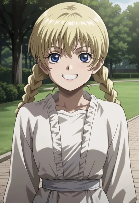 score_9, score_8_up, score_7_up, source_anime,masterpiece,best quality,highres,absurdres,official art,official style,source_anime,anime screencap,anime coloring,megami magazine,anime,animated,zPDXL2,skin highlights, (1girl,solo), Patty_Lowell, blonde hair, blue eyes, twin braids, white dress, grin, eyes closed, sunny, park,