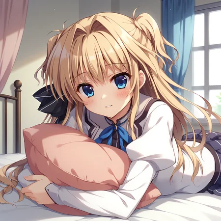 score_9, score_8_up, score_7_up BREAK
source_anime, rating_safe, indoors, bedroom, curtains, lying on bed, on stomach, pillow hug, blush, parted lips, light smile, looking at viewer, solo, 1girl, msairi, blonde hair, two side up, hair intakes, blue eyes, long hair, hair ribbon, school uniform, puffy sleeves, juliet sleeves, long sleeves, skirt <lora:mashiroairi:0.7>
