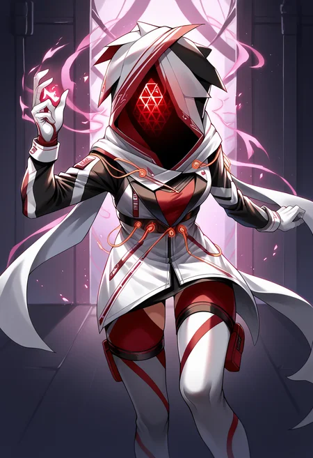 score_9, score_8_up, score_7_up, BREAK 1girl, solo, fighting stance, hand up, magic, aura, floating object, <lora:KasaneSN-pdxl:1> altKasane, hood up, covered face, mask, white jacket, white cape, red shirt, long sleeves, white gloves, cables, red leggings, thigh cutout, indoors, night, science fiction