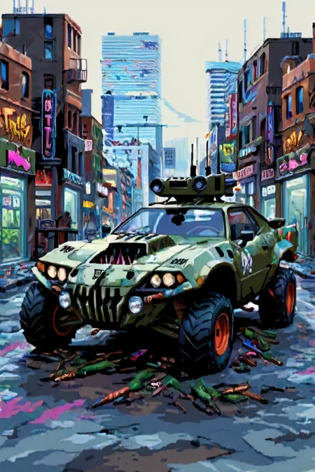 Dvd screengrab, from 1985 dark fantasy film art, Twisted Metal style vehicle converted to war, loaded with weapons, (battlecar:1.1), (snowmobile:1.08), (painted camo dip:1.05), vehicle focus, no humans, car, wheel, tire, debris, holographic decals, city street, clean
