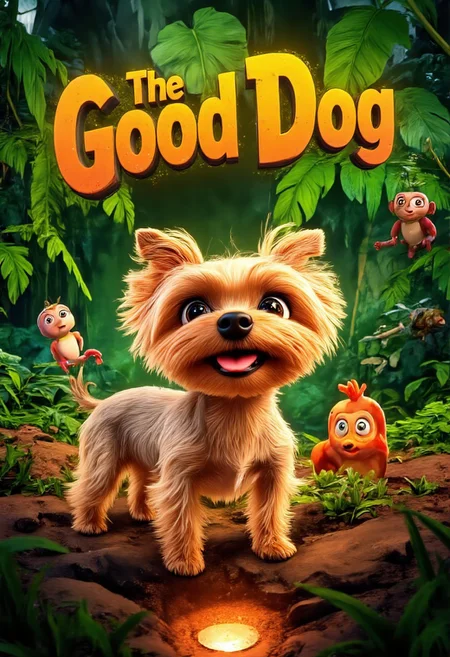 The image shows a vibrant, animated movie poster inspired by the whimsical style of a Pixar film, with a charming Yorkshire Terrier named Allab taking center stage. Allab, with her soft, golden fur and twinkling, expressive eyes, is depicted in a playful stance, ready to strike a pose. Instead of barking, she's wearing a mischievous grin, with her tiny, pink tongue peeking out. Behind her, a lush, verdant jungle unfurls, teeming with life - colorful birds, curious monkeys, and even a friendly, winking frog peeking from behind a giant leaf. The title, "The Good Dog," is written in bold, playful letters, reminiscent of Pixar's iconic typography, arching over Allab like a rainbow, with each letter subtly animated, as if wagging with life. Below, a warm, inviting glow emanates from a cozy, earthen burrow, hinting at the heartwarming adventures and lessons Allab, our unlikely hero, is about to embark on.