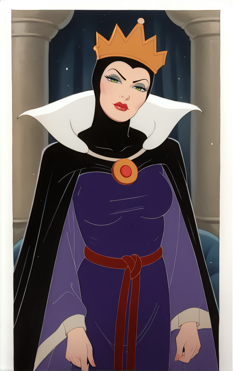 score_9, score_8_up, score_7_up, looking at viewer,  BREAK
Dress_QueenGrimhilde_ownwaifu,
1girl, crown,  makeup, lipstick, red lips,  green eyes,  eyeshadow, breasts,
red rope, rope belt, cape, dress, long sleeves, brooch, gem, robe, wide sleeves, purple dress, purple cape,  jewelry, high collar, silk,
(portrait, head tilt, looking at viewer), white border, bokeh, <lora:PONYXL_SnowWhite_QueenGrimhilde_ownwaifu:0.7>, solo,