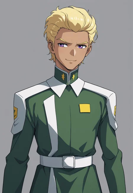 safe_pos, score_9, score_8_up, score_7_up, source_anime, cowboy shot, front view, BREAK, ( dearka_elsman, purple eyes, blonde hair, best eyes, looking to the side, green uniform, smug expression, 1boy, male focus, solo, ) BREAK, 