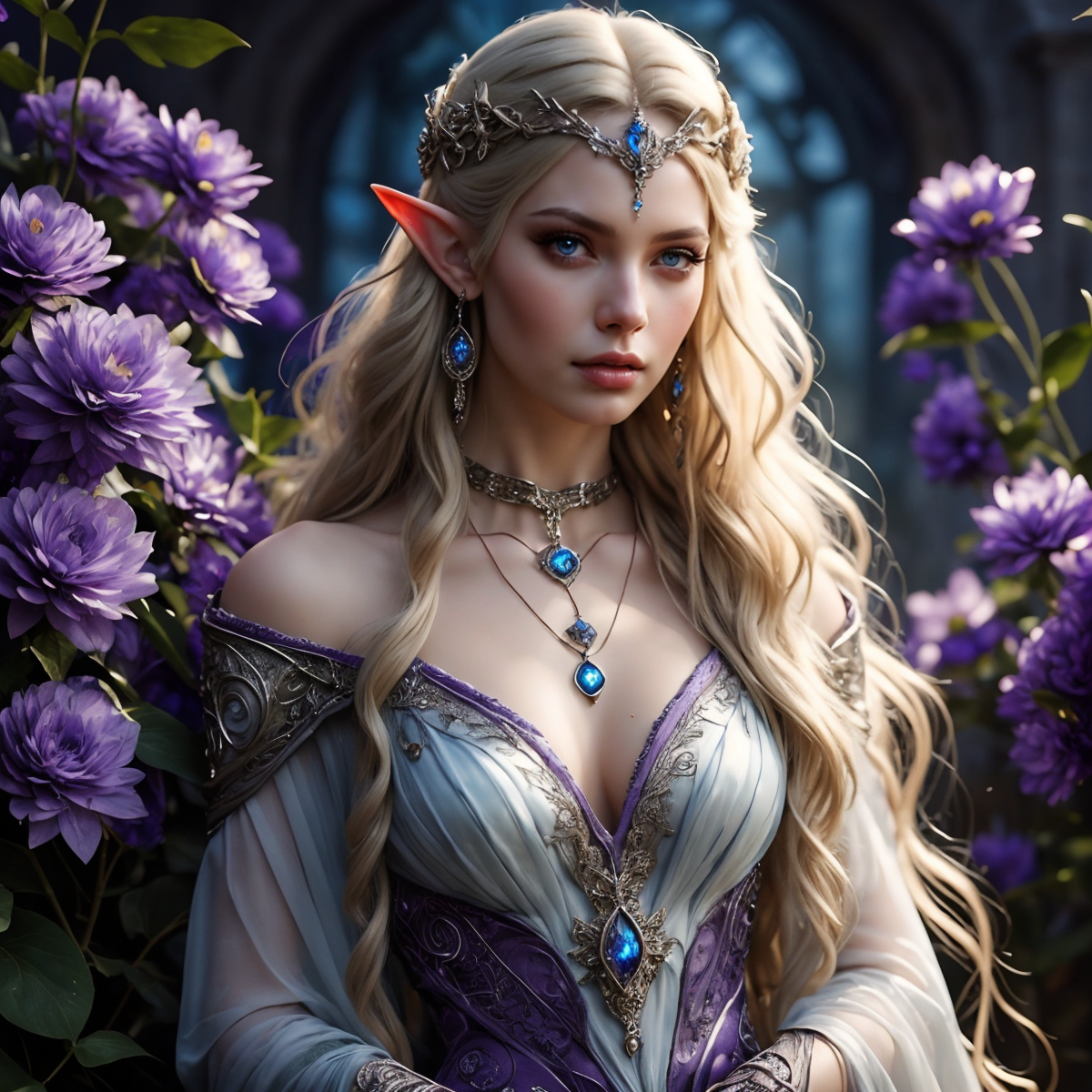 RAW photo, (masterpiece:1.3), subsurface scattering, heavy shadow, (high quality:1.4), (intricate, high detail:1.2), professional photography, HDR, High Dynamic Range, realistic, ultra realistic, photorealistic, high resolution, film photography, ambient lighting, atmospheric effects, <lora:detail_slider_v4:2>, OverallDetail,  <lora:ElfQueen:1>, 1girl, blonde hair, blue dress, blue eyes, blurry, blurry background, breasts, circlet, dress, earrings, elf, elfqueen, flower, gem, grey eyes, jewelry, lips, long hair, looking at viewer, pendant, purple dress, realistic, solo, upper body, wavy hair, white dress