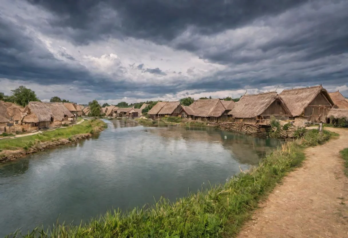 photograph,neolithic village near a river, high quality photography, 4k, Canon EOS R3, hdr, smooth, sharp focus, high resolution, award winning photo,
