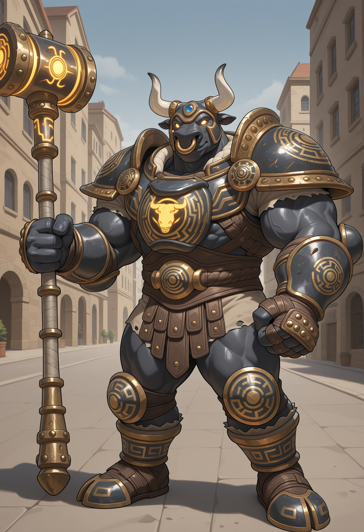 male focus, solo, 1boy, muscular, beefy, huge muscles, 1boy, r3inmnt4ur, minotaur, nose ring, horned helmet, glowing eyes, armor, pauldrons, gauntlets, holding weapon, big glowing hammer, outdoors, city, thick outlines, 2d, style parody, posing,
perfect anatomy, masterpiece, perfect quality, best quality, detailed, newest, very aesthetic