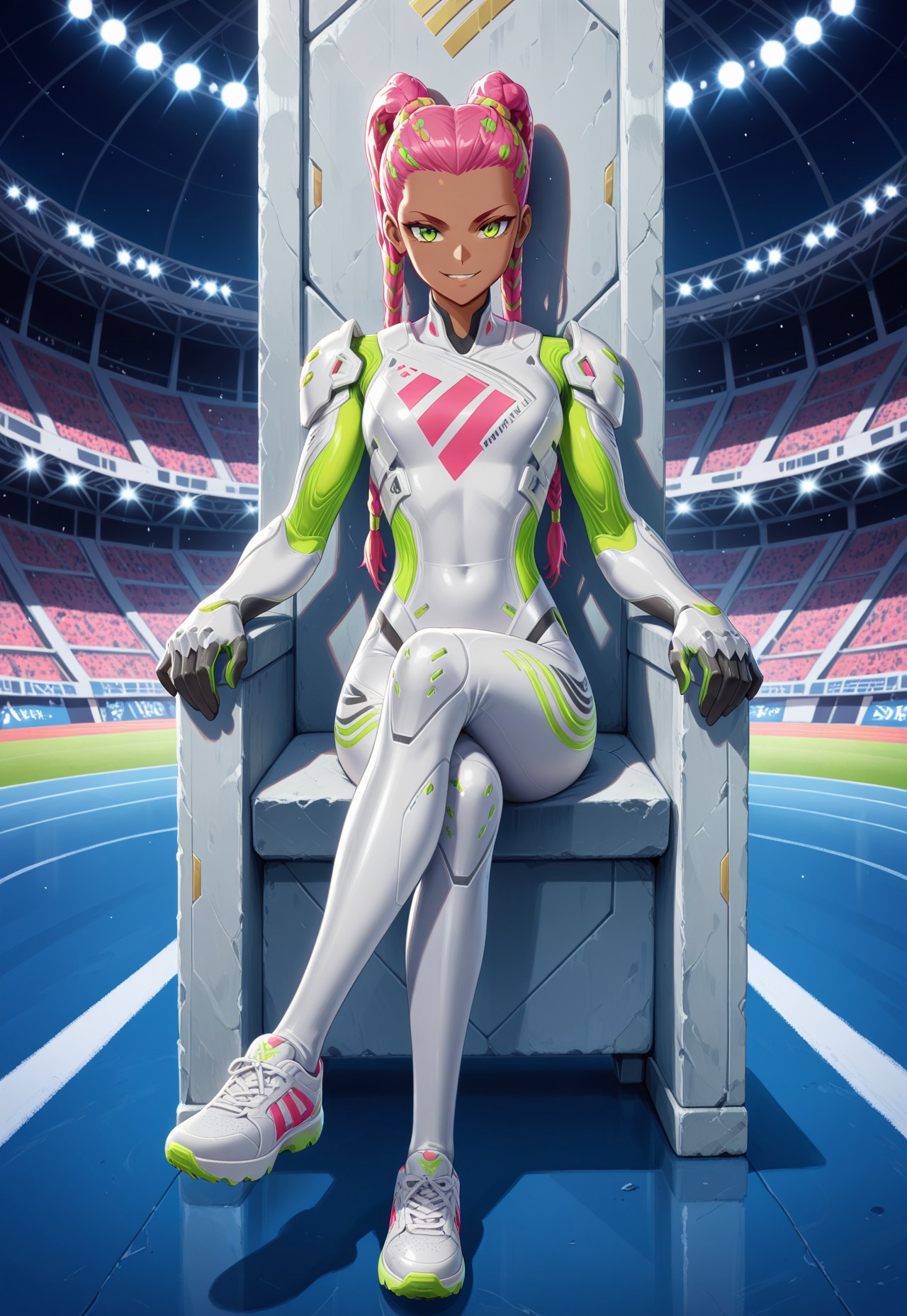 1girl, solo, IconicaPrimeF, dark-skinned female, pink hair, dreadlocks, long hair, twintails, green eyes, bodysuit, armor, sneakers, full body, sitting, stadium, tribune, skinny, front view, evil smile, looking at viewer, crossed legs, leaning back, sitting at throne,

absurdres, masterpiece, best quality, very aesthetic, anime, 