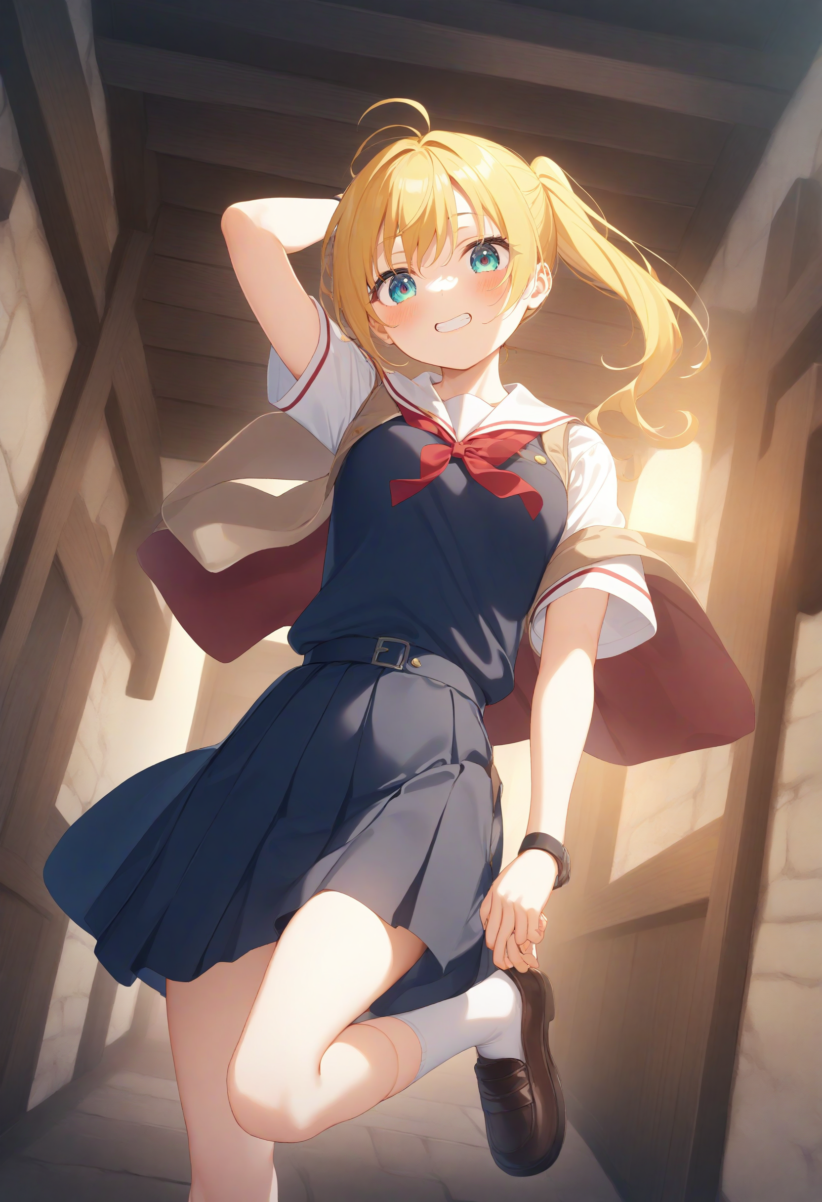 1girl,sincos, ningen mame, toosaka asagi,solo,medium breasts,school uniform,
adjusting footwear,adjusting clothes,putting on shoes,shoes,<lora:adjustingfootwear_XL_v1:0.8>
ceiling, feet out of frame, looking down, blonde hair, aqua eyes,grin, middle ages street, closed mouth, side ponytail hair,,
best quality, very aesthetic, absurdres