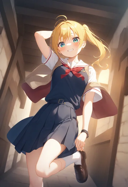 1girl,sincos, ningen mame, toosaka asagi,solo,medium breasts,school uniform,
adjusting footwear,adjusting clothes,putting on shoes,shoes,<lora:adjustingfootwear_XL_v1:0.8>
ceiling, feet out of frame, looking down, blonde hair, aqua eyes,grin, middle ages street, closed mouth, side ponytail hair,,
best quality, very aesthetic, absurdres