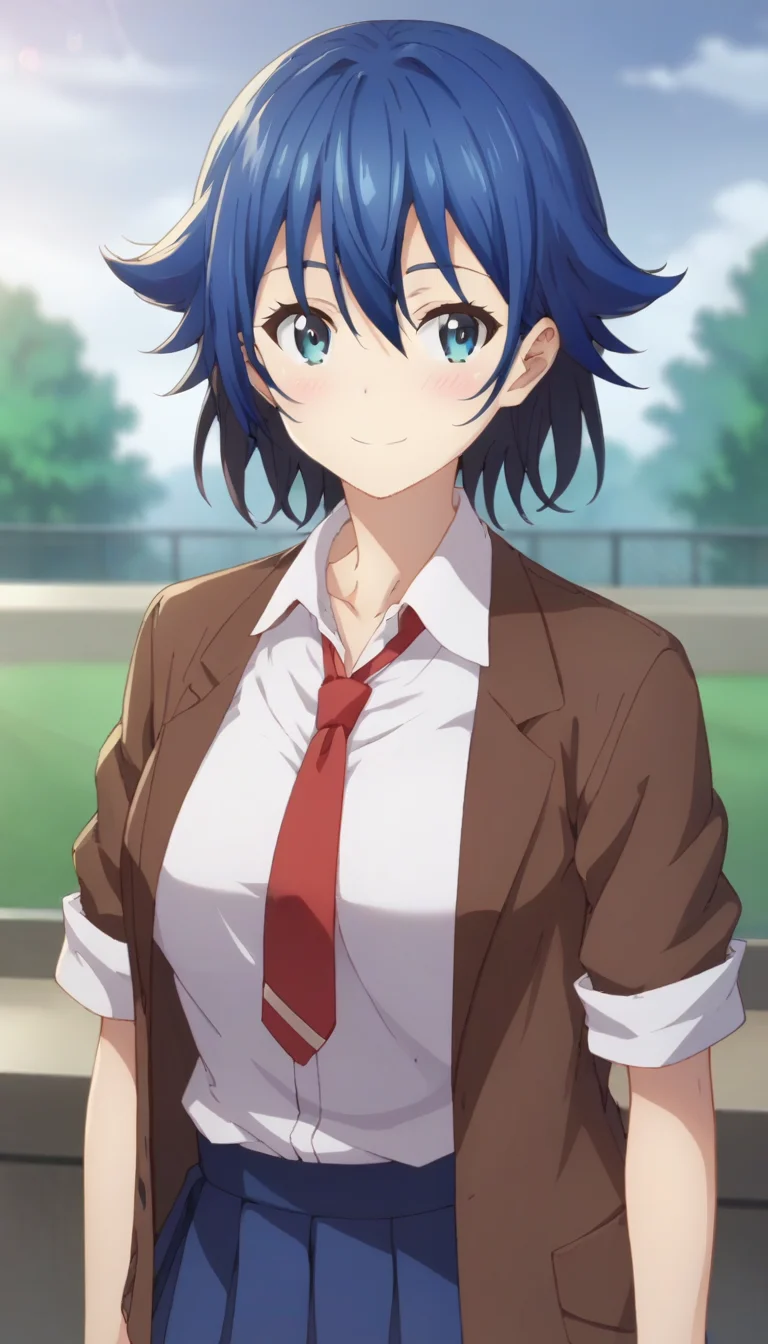 score_9,score_8_up,score_7_up,score_6_up BREAK official art,solo,outdoors,upper body,(portrait:1.5),looking at viewer,facing viewer,smile,blush,Houya Chiya,short hair,blue hair,hair between eyes,bangs,blue eyes,collarbone,brown jacket,Blazer,wing collar,red necktie,collared shirt,white shirt,short sleeves,medium breasts,skindentation,shirt tucked in,miniskirt,blue skirt,pleated skirt,black socks,loafers,<lora:Houya Chiya(dhh)-Pony:1.4>,