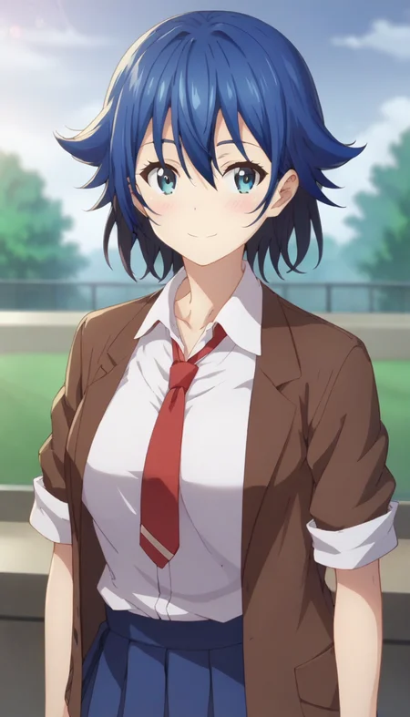 score_9,score_8_up,score_7_up,score_6_up BREAK official art,solo,outdoors,upper body,(portrait:1.5),looking at viewer,facing viewer,smile,blush,Houya Chiya,short hair,blue hair,hair between eyes,bangs,blue eyes,collarbone,brown jacket,Blazer,wing collar,red necktie,collared shirt,white shirt,short sleeves,medium breasts,skindentation,shirt tucked in,miniskirt,blue skirt,pleated skirt,black socks,loafers,<lora:Houya Chiya(dhh)-Pony:1.4>,