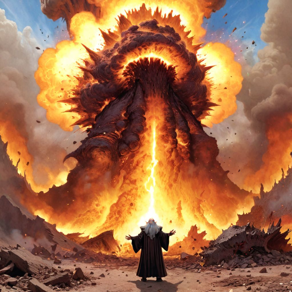 epic, a massive explosion, epic obliteration, a small wizard stands before
evoKevWalker, mtg, fantasy art