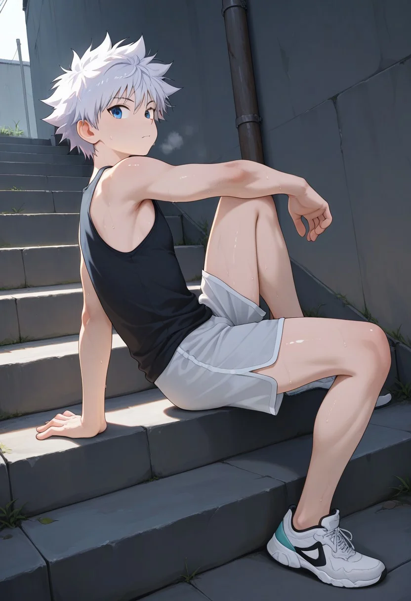 masterpiece, extremely detailed, best quality, amazing quality, very aesthetic, high resolution, ultra-detailed, absurdres, highres, newest, scenery, volumetric lighting, beitemian, 1boy, solo, male focus, BREAK killua_zoldyck, white hair, blue eyes, hunter x hunter, tank top, shorts, side slit, sitting, knee up, steps, outdoors, full body, sneakers, sweat, shiny skin, toned male, from side, looking at viewer, aged up,