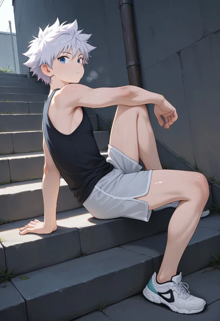 masterpiece, extremely detailed, best quality, amazing quality, very aesthetic, high resolution, ultra-detailed, absurdres, highres, newest, scenery, volumetric lighting, beitemian, 1boy, solo, male focus, BREAK killua_zoldyck, white hair, blue eyes, hunter x hunter, tank top, shorts, side slit, sitting, knee up, steps, outdoors, full body, sneakers, sweat, shiny skin, toned male, from side, looking at viewer, aged up,