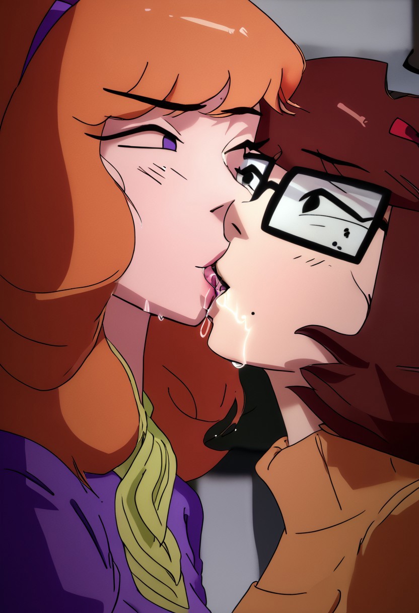 detailed background, shiny skin, 
<lora:delscoob.pony:0.8>,
delscoob, daphne, velma,
kiss, happy, saliva,