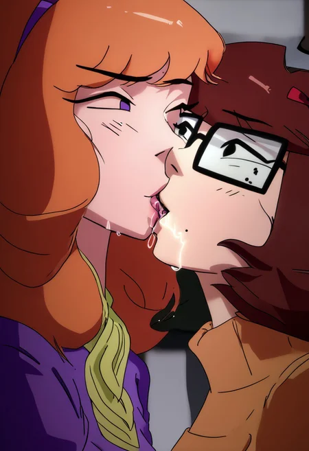 detailed background, shiny skin,
<lora:delscoob.pony:0.8>,
delscoob, daphne, velma,
kiss, happy, saliva,
