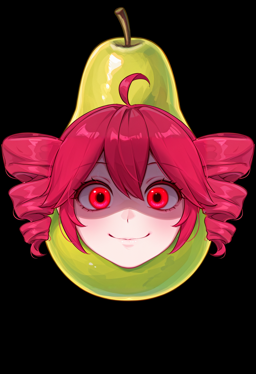 masterpiece, high quality, absurdres, pearto, kasane teto, food, fruit, looking at viewer, smile, closed mouth, objectification, head only, disembodied head, dark background, black background, horror \(theme\), glowing eyes, partially shaded face, <lora:pearto:1>,