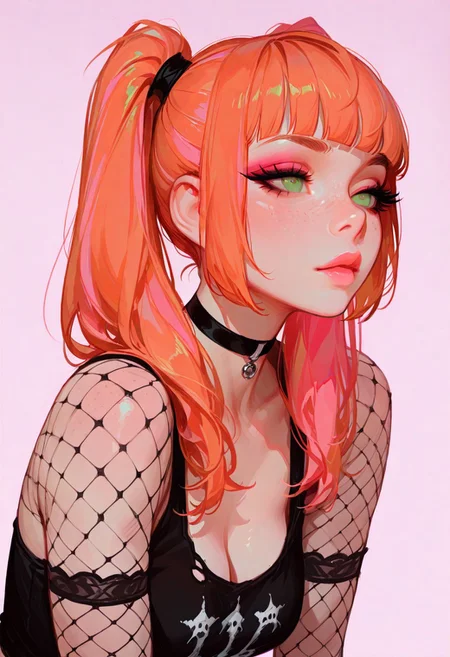 Artist : Tsuaii, Artist : Incase, flat colors, high detailed, high quality, masterpiece, best quality, very awa, absurdres, detailed eyes, detailed face, detailed skin, simple background, 1girl, medium breasts,bright green eyes, ginger hair, high twintails, blunt bangs, two-tone hair, gothic, long hair, glossy bright pink lips, long eyelashes, eyeshadow, freckles, fishnet sleeves, black oversized tank top, black choker, fingerless gloves, torn short short
