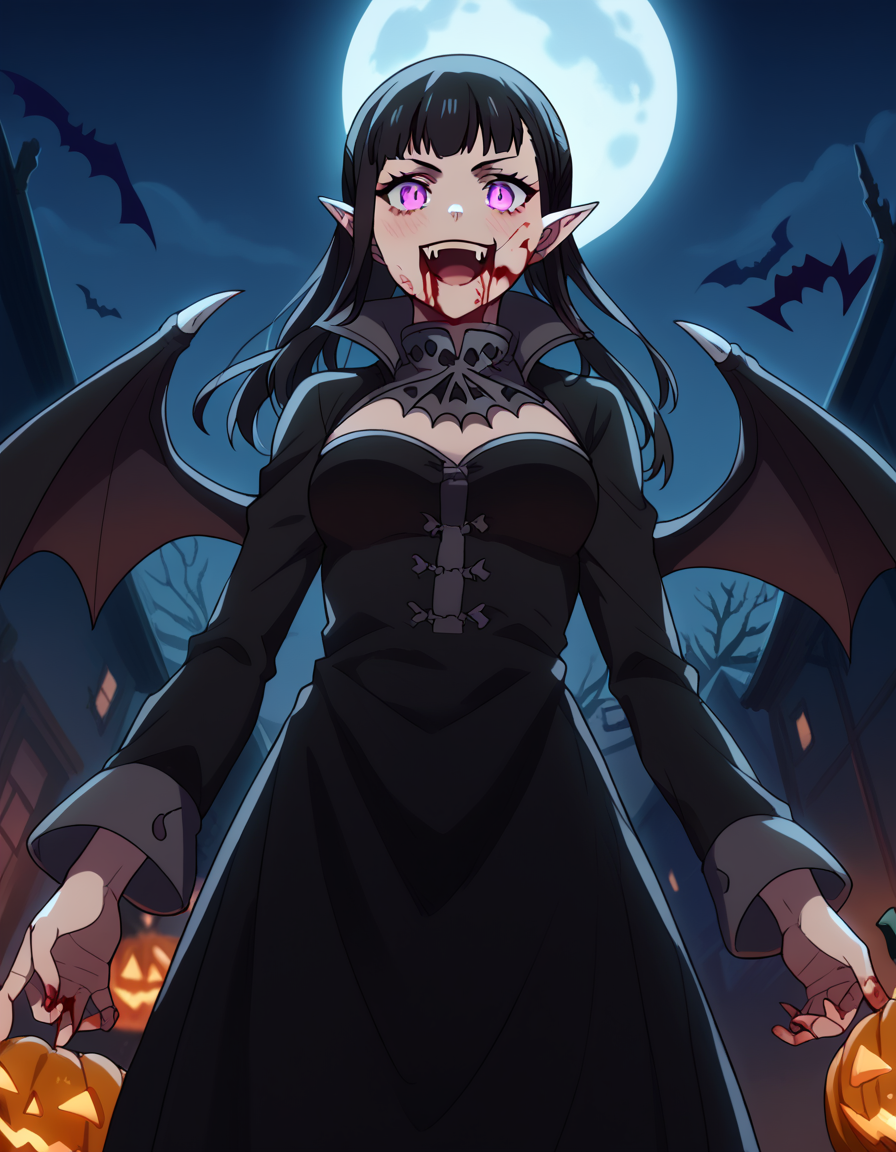 score_9, score_8_up, score_7_up, source_anime, <lora:maki-oze-s1s2-ponyxl-lora-nochekaiser:1>, maki oze, long hair, bangs, black hair, purple eyes, ponytail, medium breasts,, <lora:vampire-ponyxl-lora-nochekaiser:1>, vampire, red eyes, pointy ears, fangs, black dress, wings, blood, blood on face, blood on mouth, bat (animal), halloween, halloween costume, upper teeth only, night, moon, blush, smile, open mouth, , dutch angle, cowboy shot