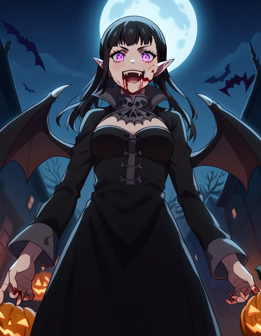 score_9, score_8_up, score_7_up, source_anime, <lora:maki-oze-s1s2-ponyxl-lora-nochekaiser:1>, maki oze, long hair, bangs, black hair, purple eyes, ponytail, medium breasts,, <lora:vampire-ponyxl-lora-nochekaiser:1>, vampire, red eyes, pointy ears, fangs, black dress, wings, blood, blood on face, blood on mouth, bat (animal), halloween, halloween costume, upper teeth only, night, moon, blush, smile, open mouth, , dutch angle, cowboy shot