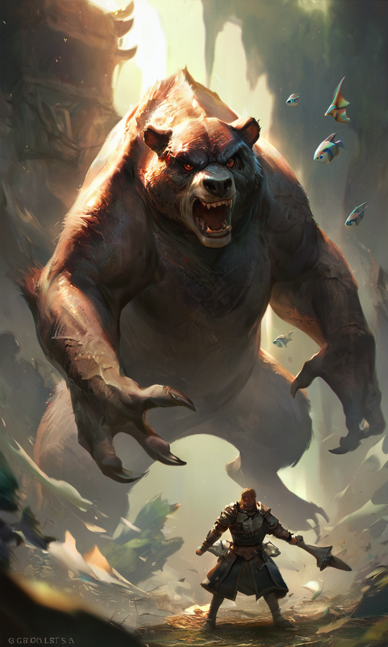 score_9, score_8_up, score_7_up, BREAK, gwentstyle, a man is standing next to a bear, epic, fish eye, angry, (dark fantasy:1.2), soft light, <lora:GwentStyle_v2:0.85>
