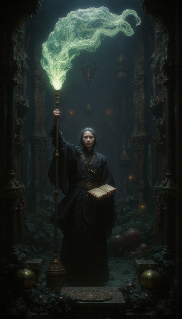 GLOW,intricate tetradic colors in every details,FLUORESCENT,asian woman, A young witch, illuminated by a large, ethereal moon, stands in a tenebrous forest clearing, conjuring a volutes of viridescent smoke from a cauldron.  She is clad in an ebon gown, her face illuminated by the otherworldly glow emanating from the cauldron. Her right hand manipulates the luminescent effluvium while her left delicately holds aloft an ancient tome.  Intensify the chiaroscuro lighting, highlighting the contrast between the witch and the encroaching gloom. Surround her with eldritch artifacts and arcane symbols to further amplify the atmosphere of thaumaturgy and sorcery.