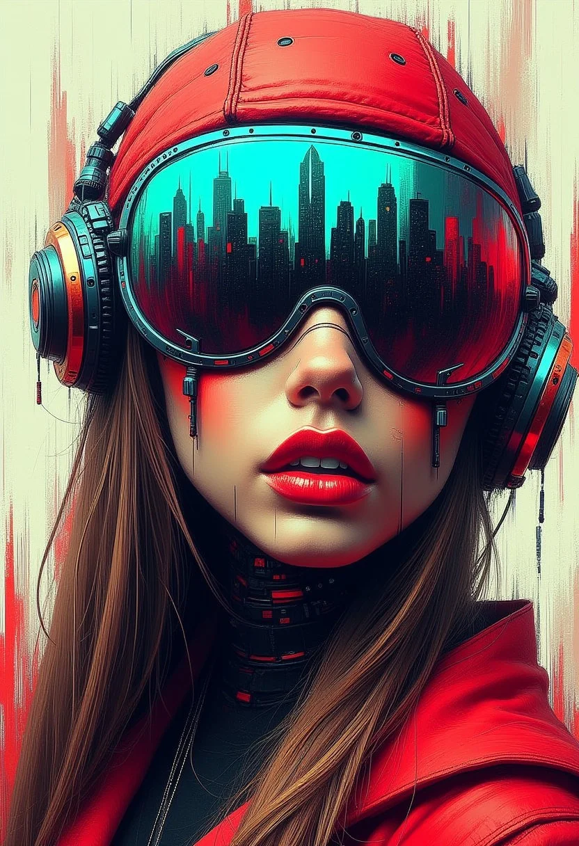 masterpiece, ((inkpunk cell-shaded style)), realistic painting, portrait of a beautiful cyberpunk girl, long straight hair, red lips, cyberpunk headgear with goggles reflecting cityscape, mad-cybrpnkimprss