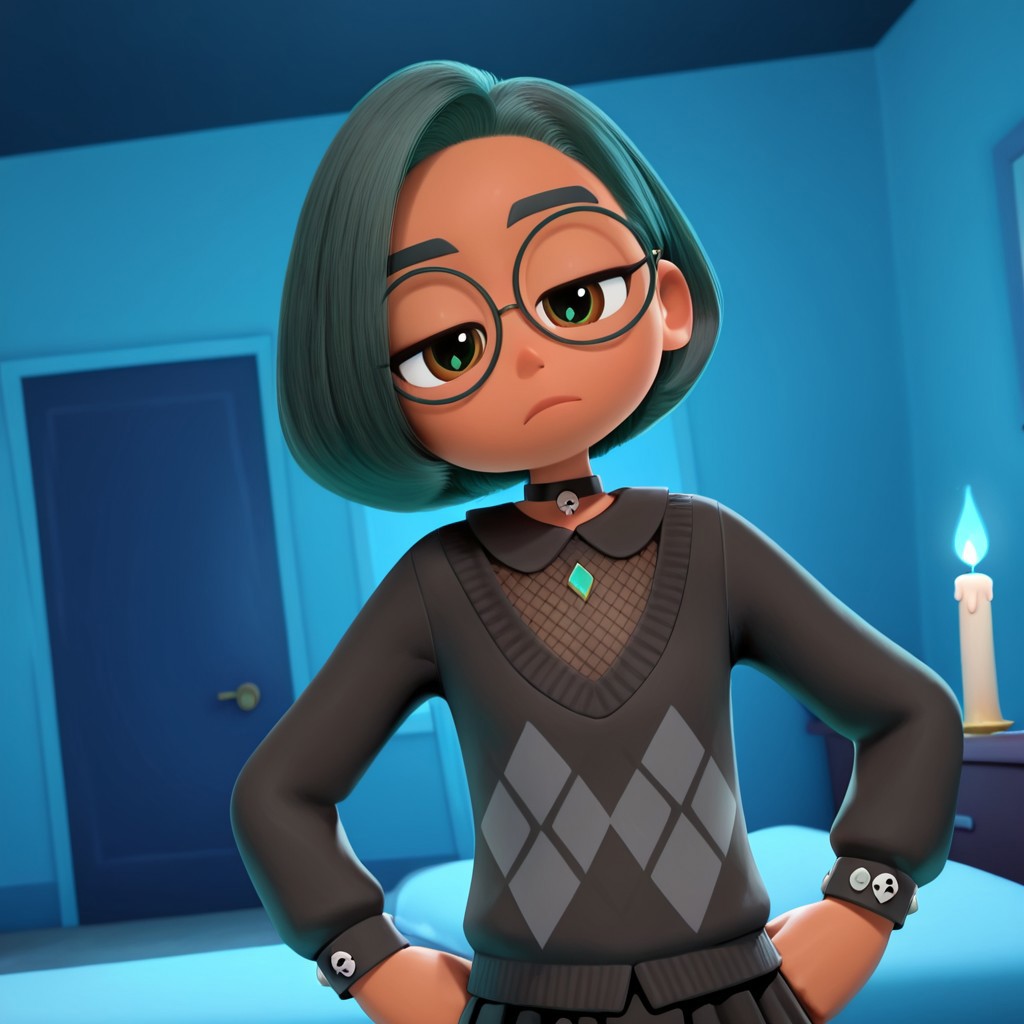 Green_Leaf, 1girl, solo,Goth girl, tan skin, brown_eyes, short hair, bobbed hair, Gothic round glasses, black  eyeshadow, black makeup, black_hair, Choker, black leather corset top, Mesh shirt, black long-sleeve Top, black ruffle Skirt, black knee-high Boots, (Bored,dutch angle, Hands on hips,naughty pose, looking at viewer, indoors, Dark room, candle, blue light, skull, dynamic pose, upper body, head tilt,),