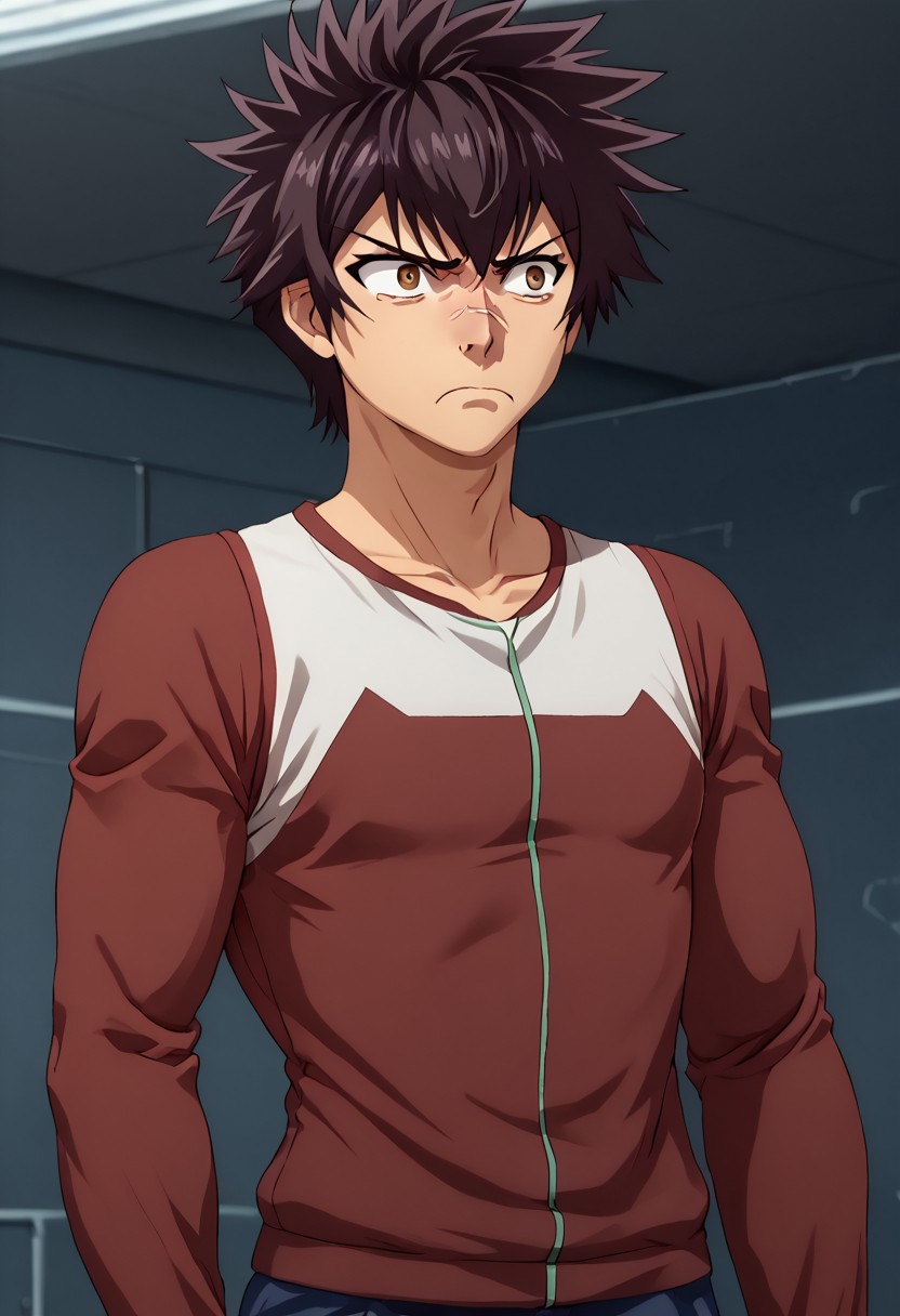 high resolution, solo, best quality, 1Boy, Kanata Hoshijima, Black hair, Brown Eyes, Disgust, wrinkled nose, turned away, repulsion,
