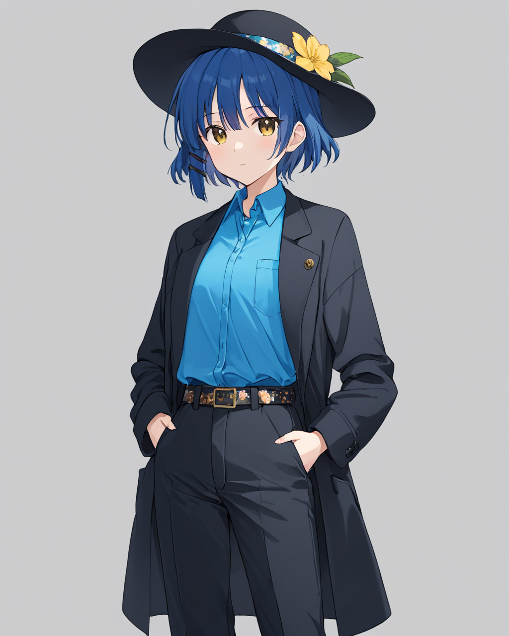 breathtaking,yamada_ryo,1girl, solo, hat, black_pants, black_headwear, looking_at_viewer, flower, simple_background, collared_shirt, closed_mouth, hairclip, grey_background, long_sleeves, black_coat, floral_print, hands_in_pockets, open_coat, blue_shirt, hand_in_pocket, belt, expressionless
<lora:yamada_ryo_image1086_2023-11-22:1>.   . gorgeous,key visual, vibrant, studio anime,award-winning, professional, highly detailed,high budget, cinemascope