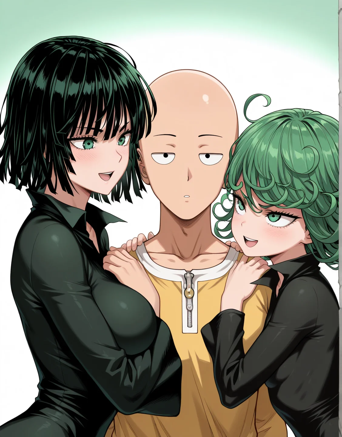 masterpiece,best quality,amazing quality,
<lora:Sandwiched:0.8>
SDWER, sandwiched, 2girls, 1boy, stadning, hands on shoulders, upper body, happy,
tatsumaki, 
saitama \(one-punch man\), one-punch man,
fubuki \(one-punch man\), one-punch man