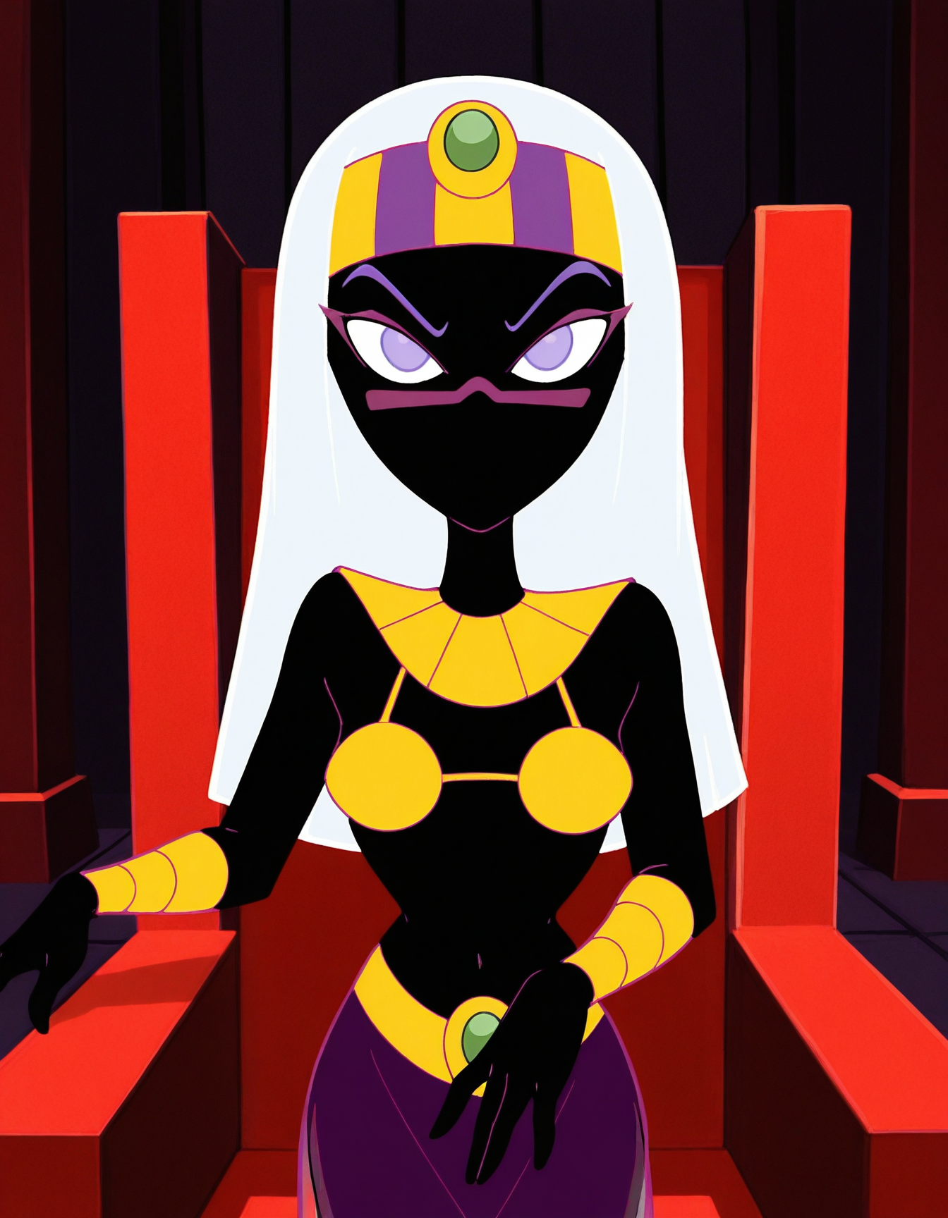 detailed, masterpiece, best quality,
headband, usekh collar, bandeau, egyptian clothes, see-through skirt, 
indoors, dark background, throne room, 
1girl, solo, looking  at viewer, 
 <lora:dd-queentyrahnee:1> xtyrahneex, black skin, no mouth, white hair, long hair, purple eyes,